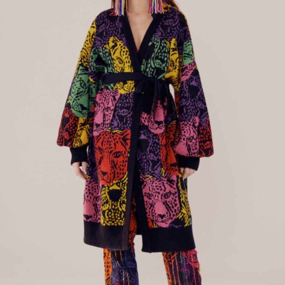 FARM Rio Rainbow Midnight Leopards Belted Chunky Knit Cardigan Sweater Coat - Picture 1 of 16